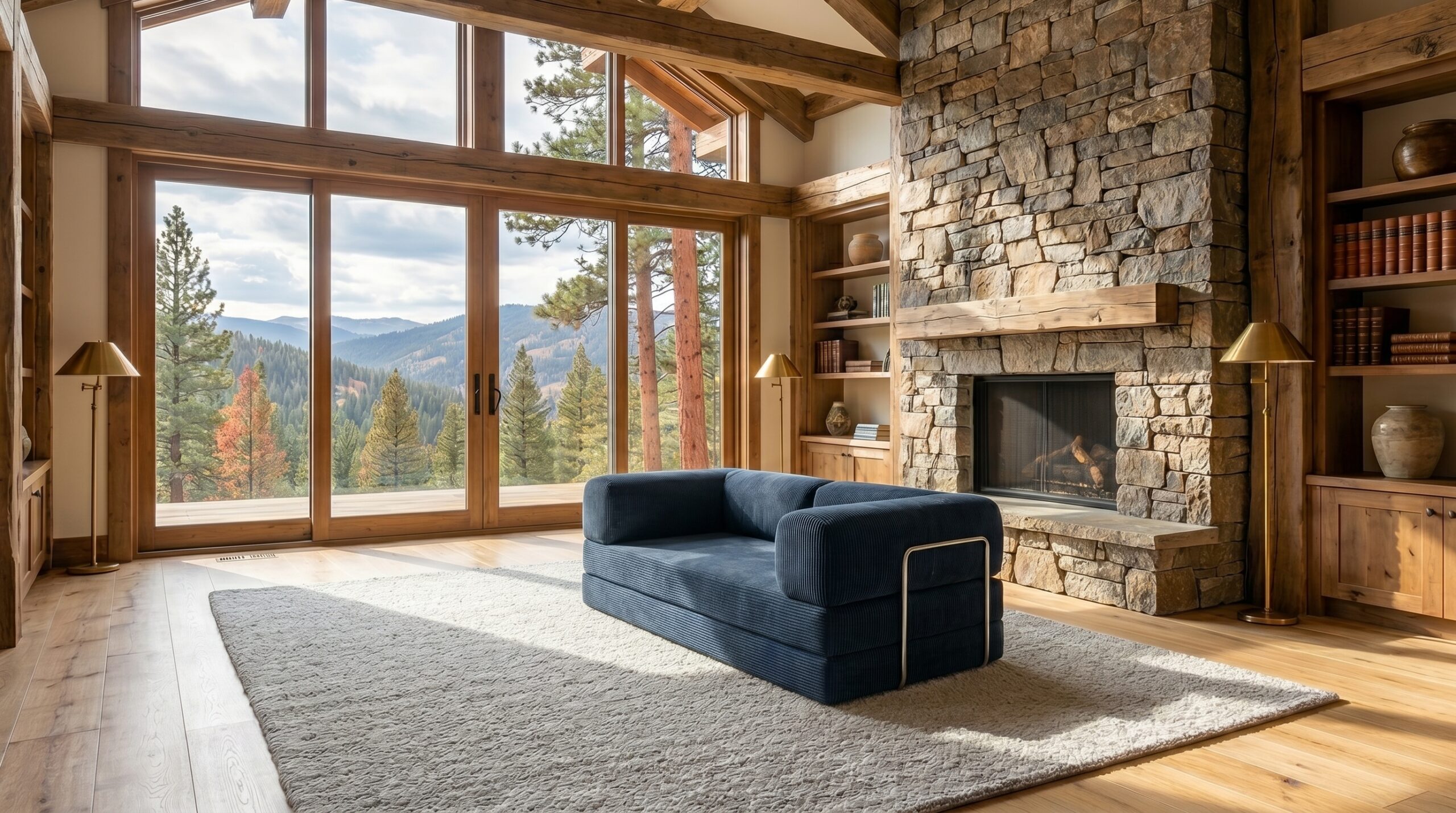AI-assisted Forest Tales sofa lifestyle image in a mountain cabin interior
