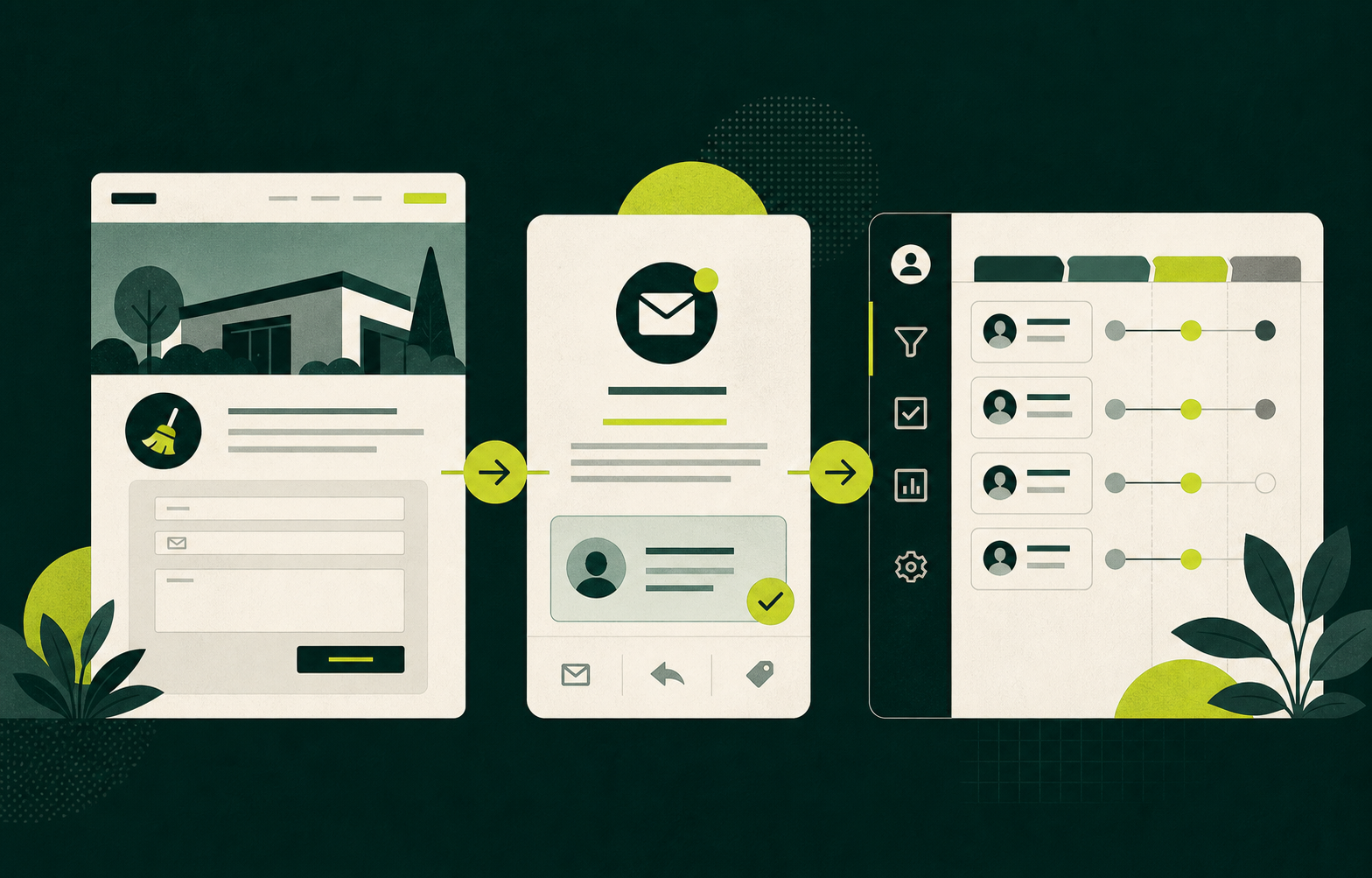 Illustration of a business website enquiry moving through domain email into an organized follow-up pipeline